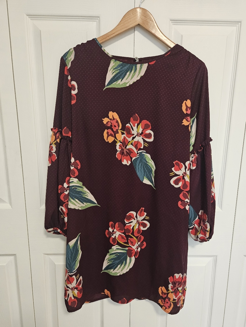 LOFT Womens Burgundy Floral Cottagecore Shift Dress Petite Balloon Sleeve Size M